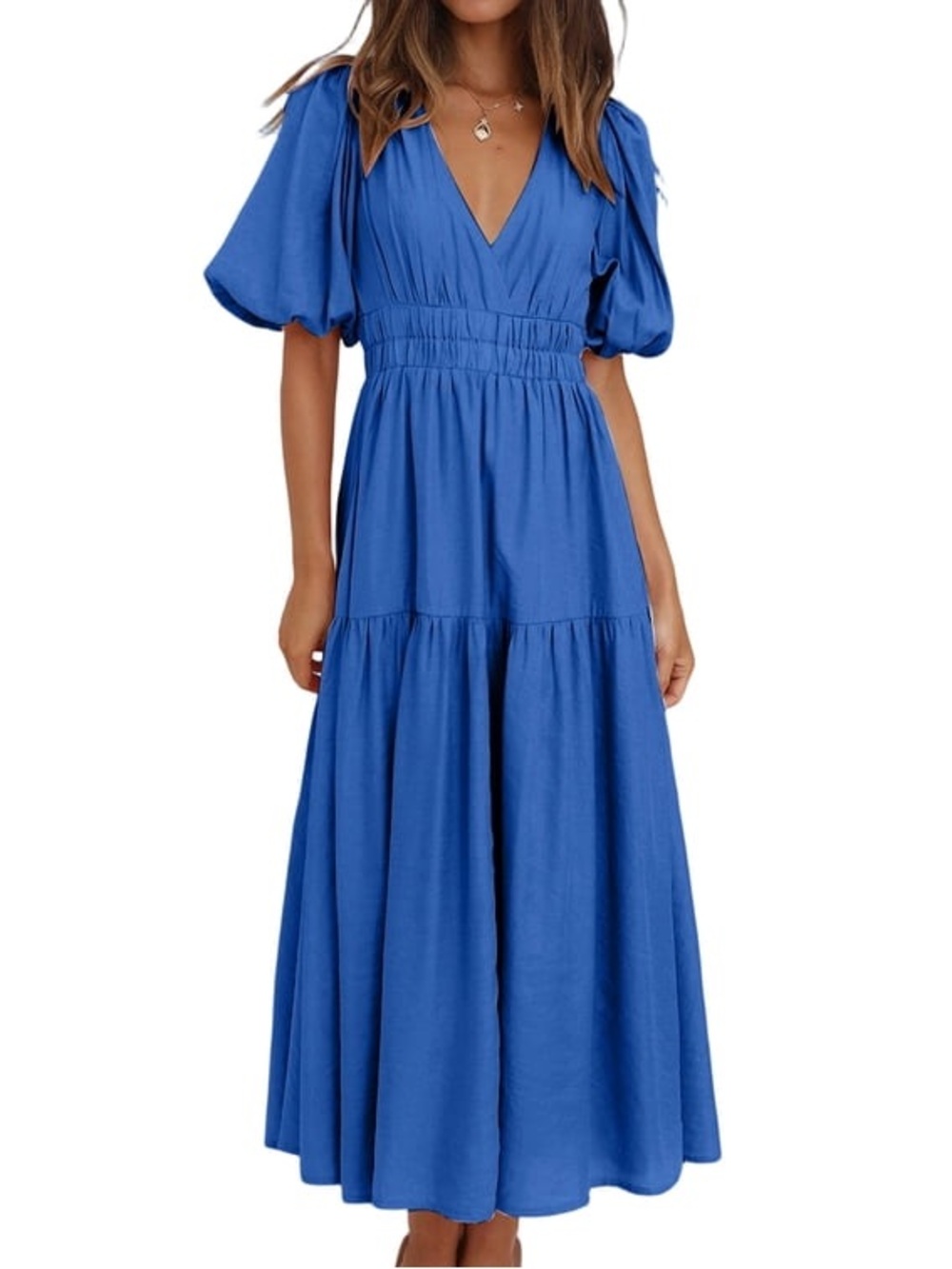 Plustrong Royal Blue Deep V-Neck Puff Sleeve Maxi Dress